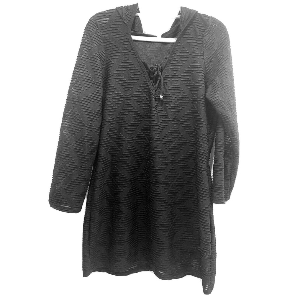 Wearabouts Black Textured Stripe Short Sleeve Hooded Swimsuit Pool Cover Up Sz L